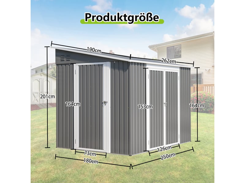Abri de jardin en métal avec portes battantes, serrure, sol et toit monopente pour terrasse et jardin - Conforama C