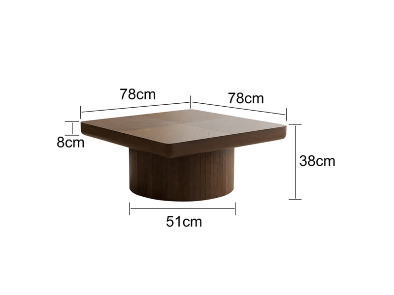  Table basse carrée 78 cm en bois et mdf avec plateau plaqué bois et base cylindrique pour salon coloris noyer  - Conforama C