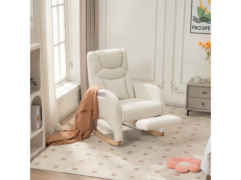  Fauteuil à bascule relax - 66x125x101 cm - avec repose-pieds pliable et têtière en tissu teddy bouclette pieds bois - blanc  - Conforama D