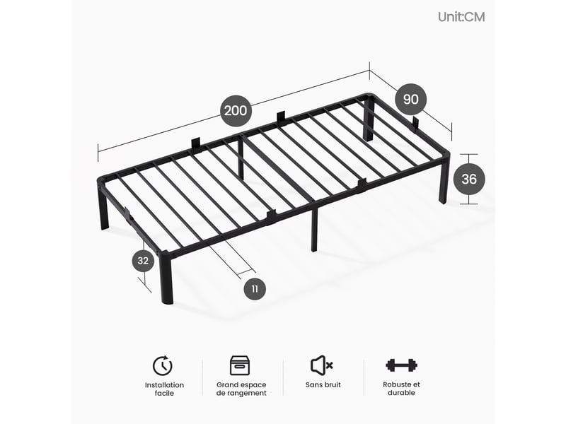  Lit 90x200 cm, cadre de lit métallique, lit 1 personne, grande capacité de rangement sous le lit, structure robuste et silencieuse, antidérapant, charge maximale 300 kg, noir  - Conforama E