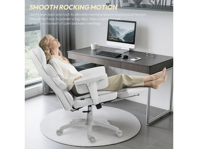 Fauteuil gaming ergonomique – assise à ressorts ensachés – dossier doublement rembourré – coussin lombaire réglable – accoudoirs et repose-pieds – similicuir blanc - Conforama B