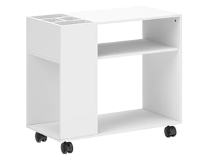 Support d’imprimante 70 x 34 x 60 cm blanc, panneau de particules mélaminé avec roulettes et rangements