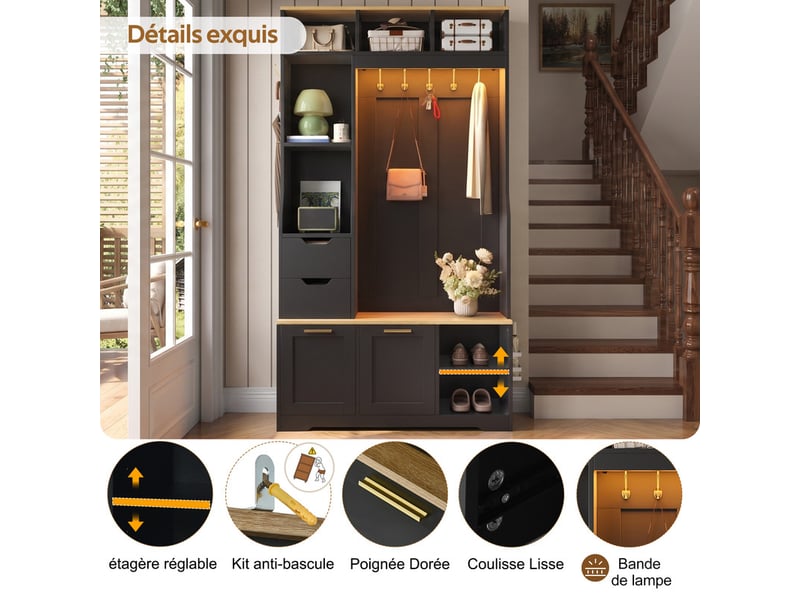 Vestiaire entrée avec meuble chaussures basculant, banc, patères métal et éclairage led piloté par appli, 103x32x186cm, noir - Conforama E