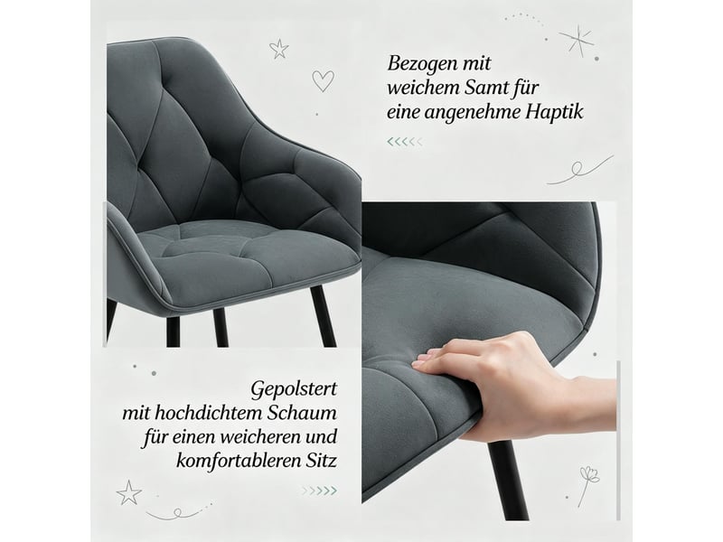  Chaises de salle à manger lot de 2 à dossier ergonomique  - accoudoirs, pieds métal, velours gris foncé  - Conforama E