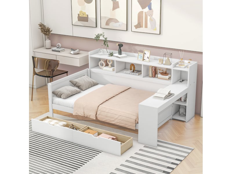  Lit enfant 90 x 200 cm rangement 2 tiroirs bureau intégré prise et usb panneaux particules mdf blanc sans matelas  - Conforama R