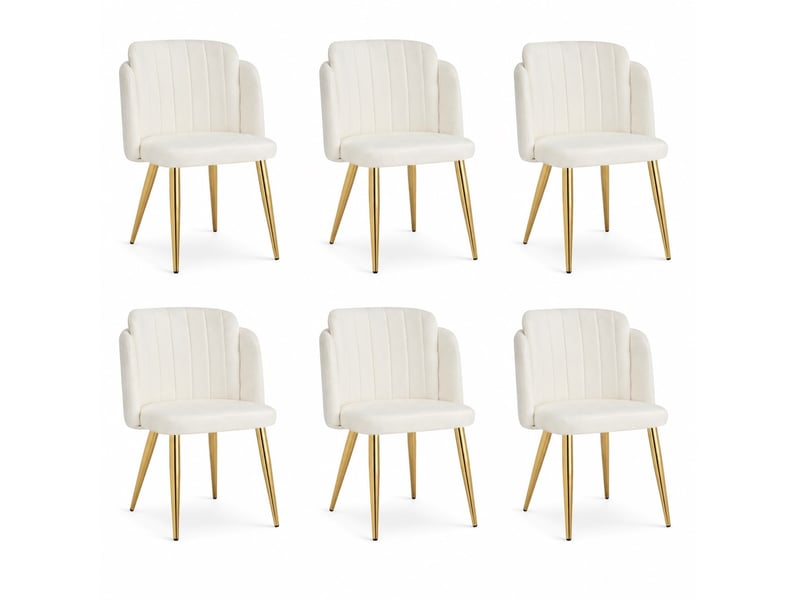 Lot de 6 chaises de salle à manger, moderne, dossier incurvé, assise large, métal doré, blanc  - Conforama A