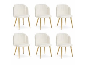 Lot de 6 chaises de salle à manger, moderne, dossier incurvé, assise large, métal doré, blanc