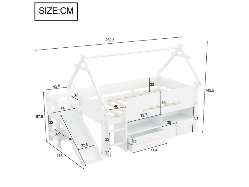  Lit mezzanine enfant 90×200 cm avec toboggan, rangements et espace de jeu, bois, blanc, sans matelas  - Conforama C