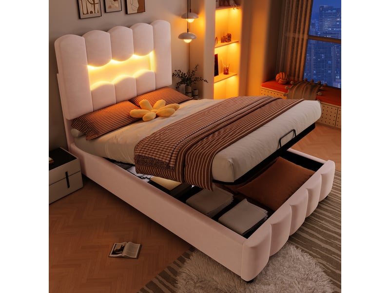  Lit simple rembourré 90x200 cm avec éclairage led, lit coffre avec tête de lit réglable, cadre de lit 1 personne en rose  - Conforama A