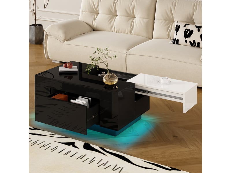  Table basse noir, rangement, éclairage led, fermeture douce, extensible, design moderne, plateau noir - mdf - 80x50x35.5cm - salon  - Conforama C