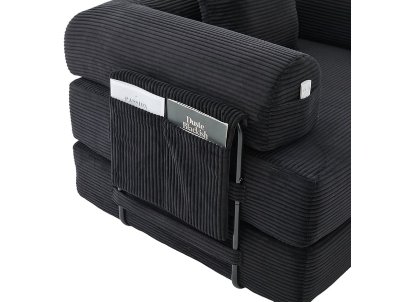 Canapé modulaire 3 places en velours côtelé noir avec pouf, coussins et poche latérale, confort contemporain - Conforama D