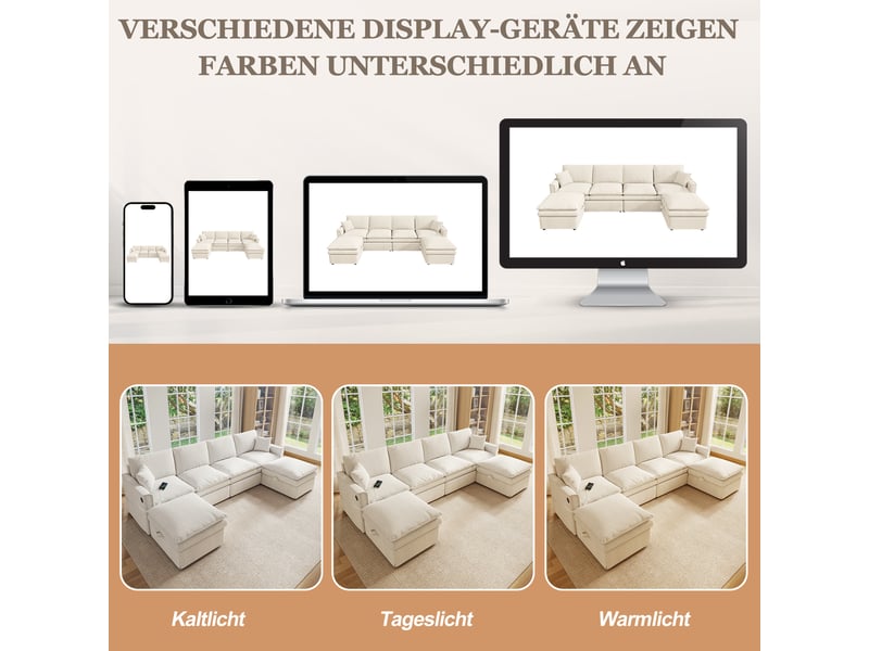  Canapé modulable 6 places, 2 poufs coffre  - forme ul, usb type-c, coton lin - 277 × 135 × 80 cm beige  - Conforama E