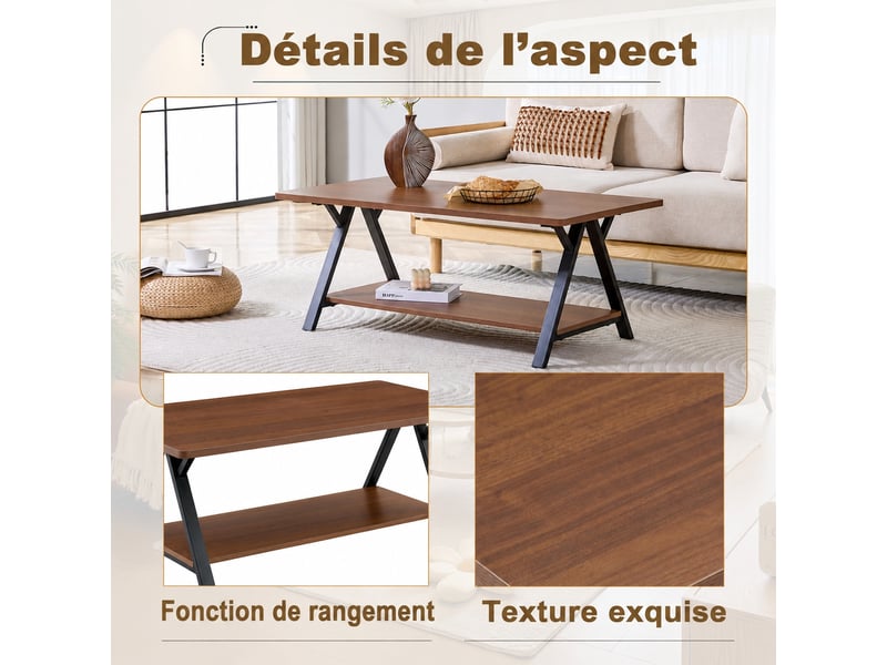  Table basse industrielle noyer, table de salon avec étagère de rangement, 110x57x44,5 cm, idéale pour petits espaces  - Conforama D