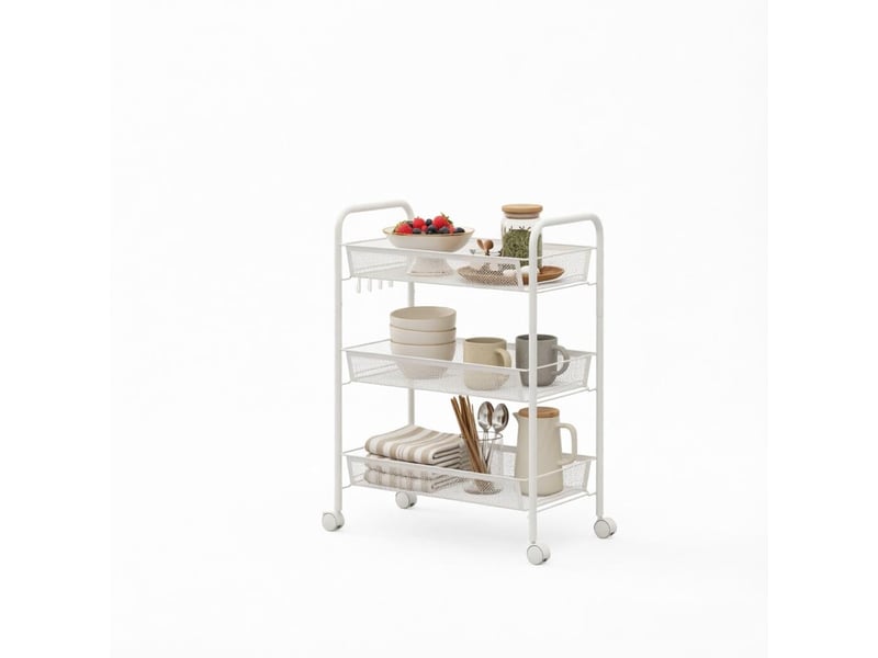 Desserte roulante 3 niveaux avec paniers, chariot de rangement cuisine mobile, blanc - Conforama A
