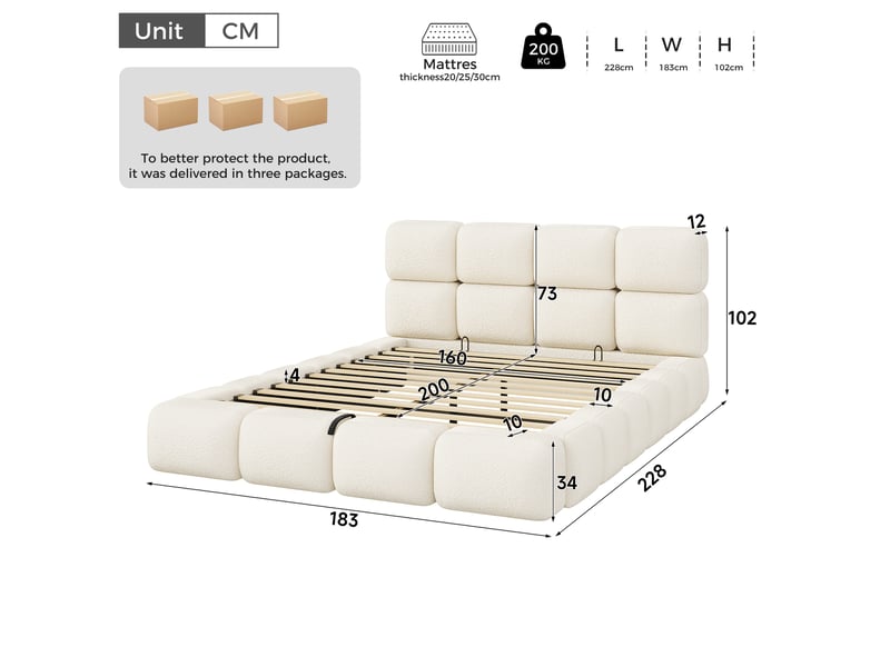 Lit coffre 160x200 cm rembourré, rangement hydraulique, design nuage en bouclé blanc, tête de lit matelassée, sommier inclus - Conforama C