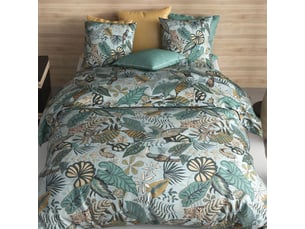 Parure housse de couette 260x240cm + 2 taies motif exotique bleu et vert 100% coton - yucatan