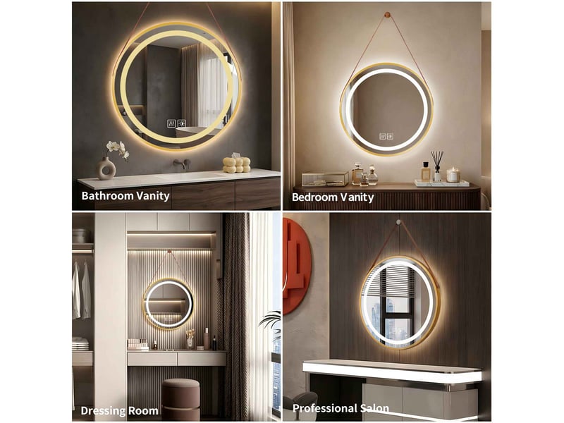  Miroir led rond 70 cm doré avec sangle marron cadre métal verre sans cuivre commande tactile antibuée pour salle de bain  - Conforama D