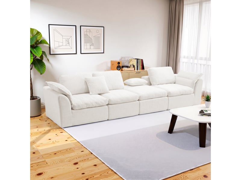  Canapé modulable 4 places 246x90 cm, canapé d'angle convertible avec pouf mobile, assise profonde en chenille beige OMNIGLINT TRADING LTD - Conforama B