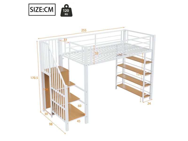 Lit mezzanine 90 x 200 cm, espace de rangement et petite armoire, étagères, design avec barrière haute, blanc - Conforama D