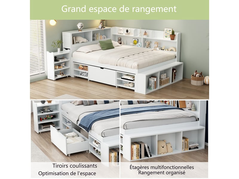  Lit enfant 140x190cm, lit double avec tiroirs et étagères de rangement, cadre de lit avec tables de chevet, sommier à lattes, blanc  - Conforama B
