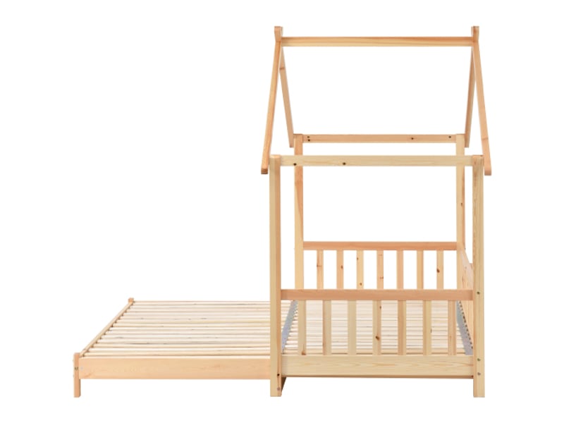 Lit cabane 200x90 cm, lit enfant avec lit gigogne et grille de protection, en bois, couleur naturel, sans matelas - Conforama E