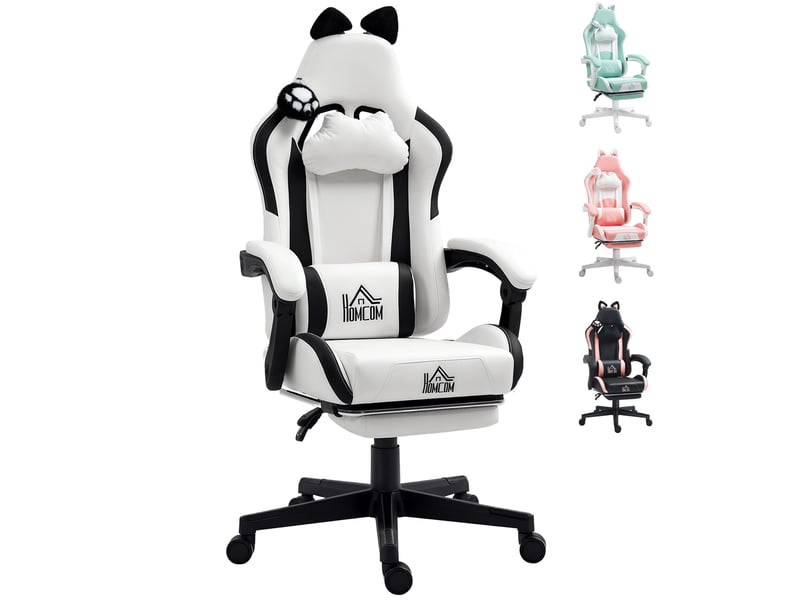  Fauteuil de jeu inclinable avec hauteur réglable, repose-pieds rétractable, soutien lombaire et appui-tête amovible - blanc  - Conforama A