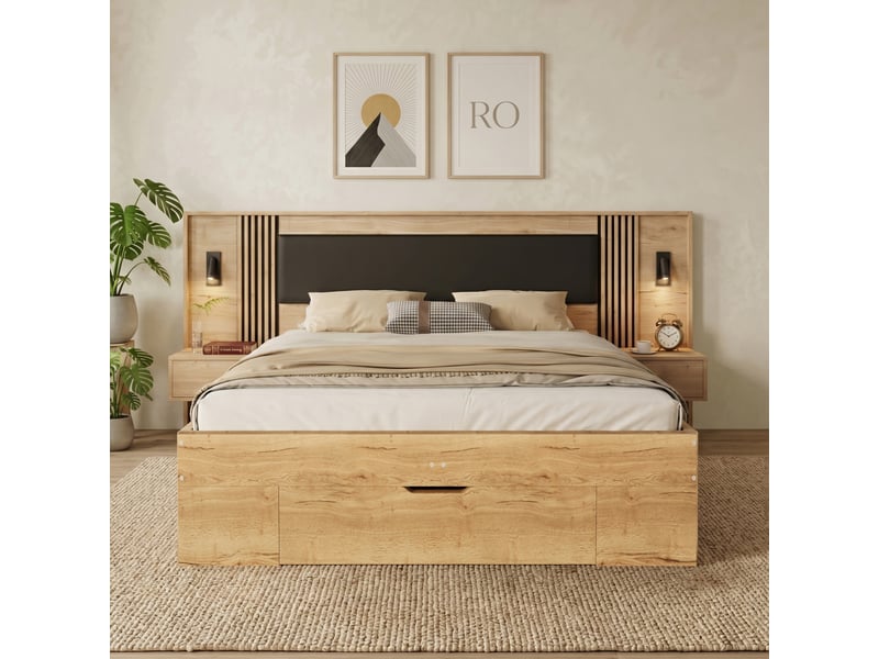  Lit double avec rangement, liseuses, 2 chevets et tiroirs, en mdf naturel 160 × 200 cm  - Conforama D