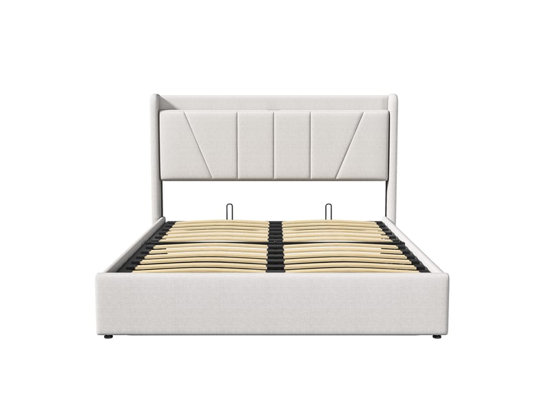 Lit coffre 2 places 140x200 cm, lit adulte double avec rangement, 2 ports usb et 1 type-c, design simple, lin beige  - Conforama W