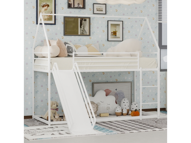 Lit superposé 90x190 cm forme maison avec toboggan, métal, blanc, sans matelas - Conforama W