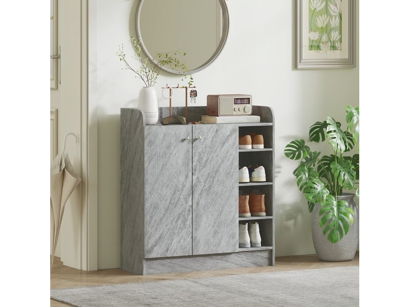  Meuble à chaussures ulevr 12 paires, 2 portes et 4 niches ouvertes, 83 x 30 x 90 cm, panneaux de particules et mdf, gris  - Conforama D