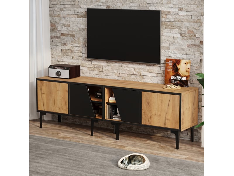  Meuble tv bas design 160 x 36,5 x 45 cm 4 compartiments portes obliques 7 pieds panneau de particules naturel et noir  - Conforama R