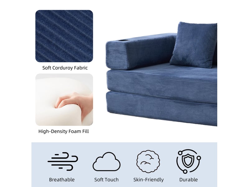 Canapé de sol convertible 185x92,5x60 cm 2 places pliable en velours côtelé bleu foncé  - Conforama D