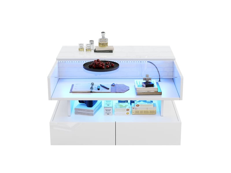  Table basse 80 x 80 x 45 cm, réglable en hauteur, avec rangement dissimulé et 2 tiroirs, table d'appoint avec éclairage led, finition laquée brillante, plateau en verre trempé blanc.  - Conforama A