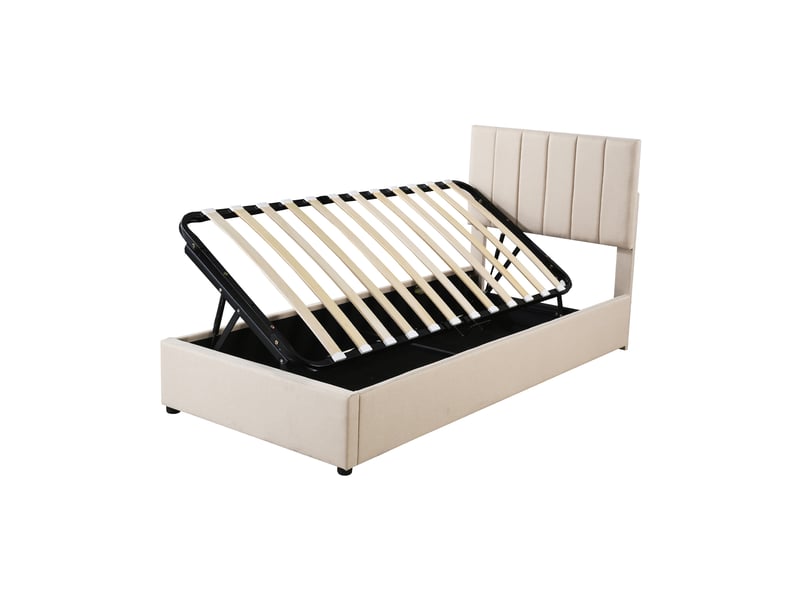 Lit enfant coffre hydraulique 90x200 cm en tissu lin beige - Conforama A