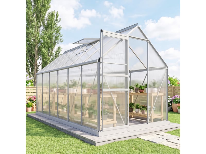  Serre de jardin 7,1 m² en aluminium polycarbonate avec fondation, 190 x 375 x 199 cm, serre avec fenêtre  - Conforama C
