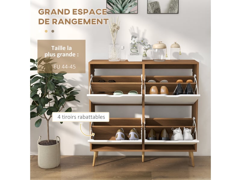  Meuble à chaussures 4 abattants 16 paires avec étagère réglable pieds en bois de pin 95 x 26 x 95 cm naturel  - Conforama E