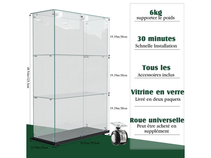 Vitrine en verre 3 niveaux double porte - noir - 78,5 x 35 x 123,5 cm - armoire d'exposition avec éclairage led et base noire - Conforama B