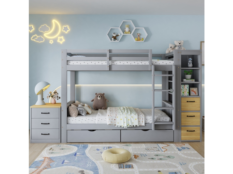  Lit superposé enfant 90 x 200 cm avec rangements, échelle et chevet, gris clair  - Conforama D