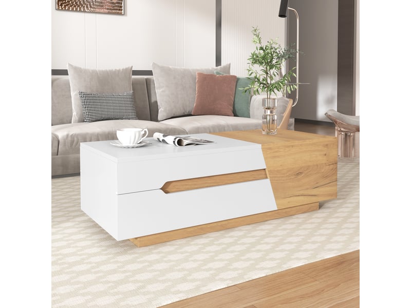  Table basse coulissante avec 2 tiroirs et rangement, blanc et bois, 120 x 50 x 37,5 cm Fay Lum - Conforama R