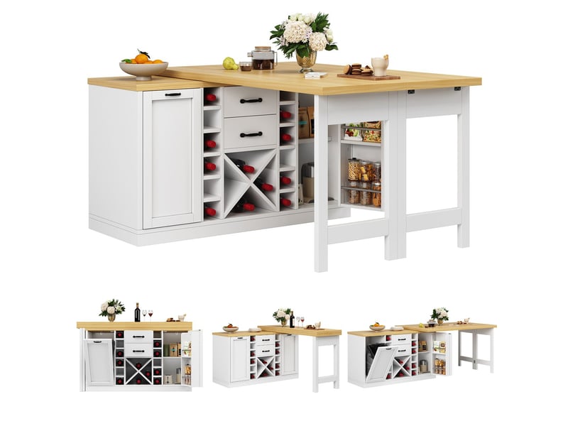  Îlot de cuisine rangement intégré meuble de cuisine rotation à 360° porte-bouteilles amovible support poubelle étagères latérales repas finition blanc et noir  - Conforama D