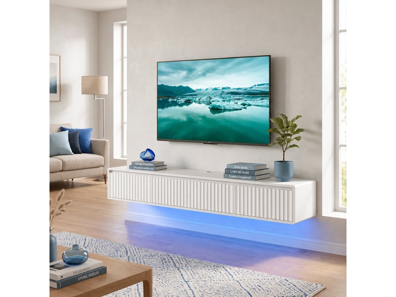  Meuble tv suspendu blanc 160 cm, façade cannelée, led rgb, 2 prises, usb et usb-c  - Conforama D