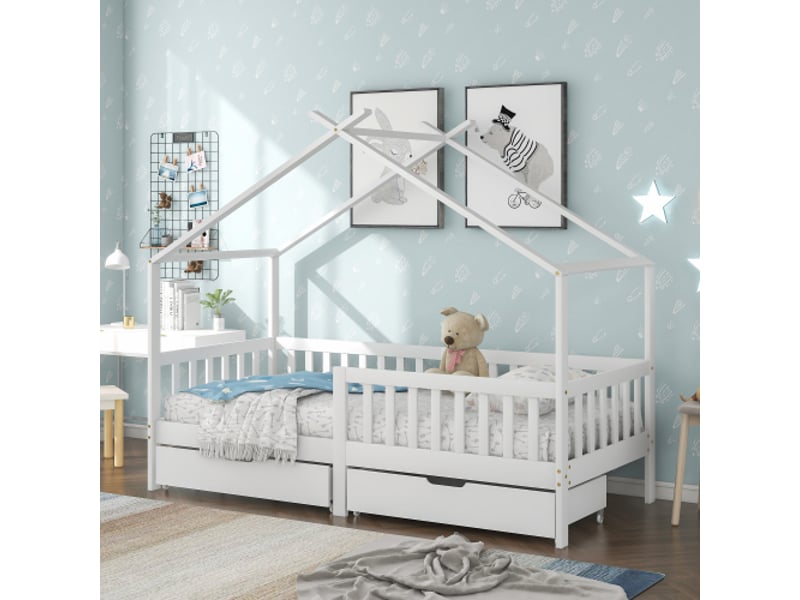  Lit cabane 90x200 cm, lit enfant avec 2 tiroirs et barriéres de sécurité, en bois, blanc, sans matelas  - Conforama B