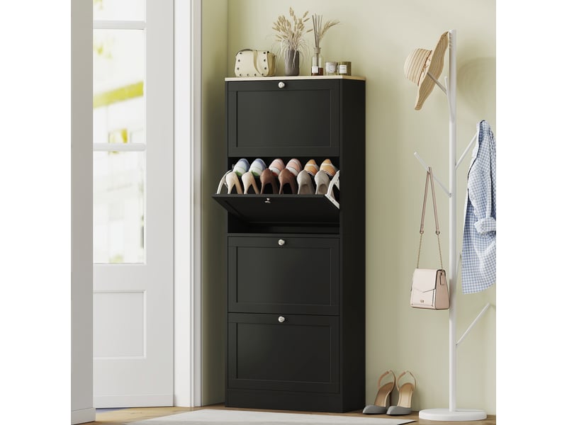  Meuble à chaussures 24 paires, armoire à chaussures avec 4 tiroirs rabattables, étagères réglables, 60x23,5x153cm, noir  - Conforama B