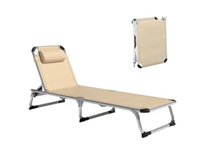 Chaise longue pliante en aluminium avec appui-tête et dossier réglables, 60 x 165 x 76 cm, beige