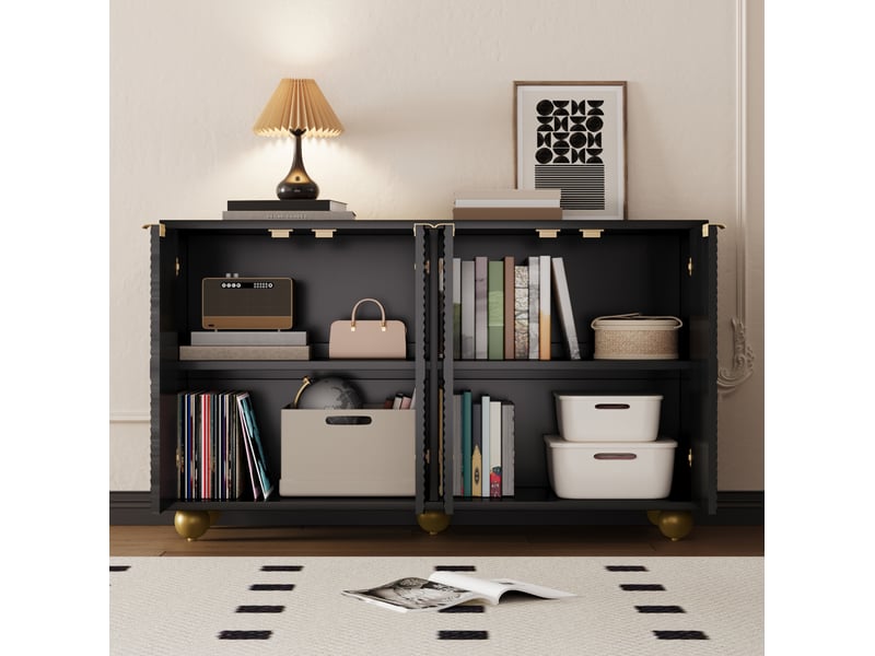  Buffet 120x35x71,5 cm, 4 portes, pieds boule, poignées en métal, style rétro, rangement cuisine et salon, mdf, noir  - Conforama D