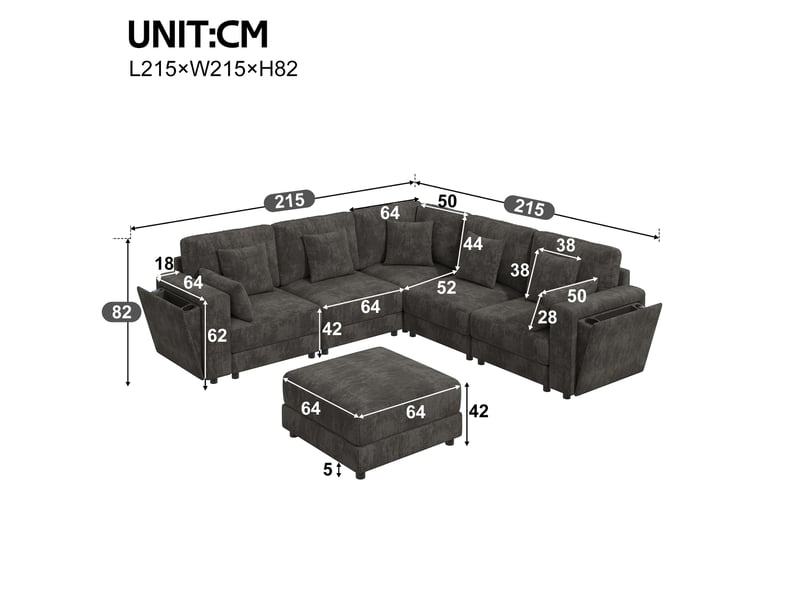 Canapé d'angle modulable 6 places 215x215x82 cm en lu avec usbusb-c, porte-gobelets, rangements intégrés, 7 coussins, chenille - gris Bliss Lite - Conforama C