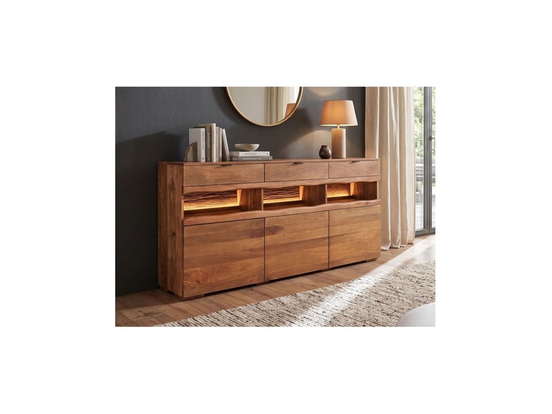  Buffet takara 180 cm en bois massif de manguier verni – 3 portes, 3 niches visibles, 3 tiroirs et led  - Conforama B