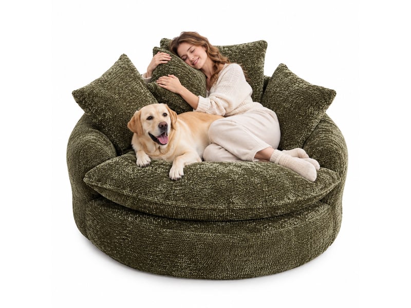 Fauteuil lounge géant 190,5 x 138 x 63 cm vert olive, mousse et tissu polyester, dossier réglable et coussin - Conforama A