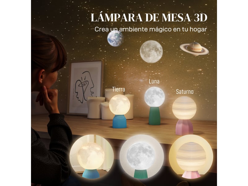  Ensemble de 3 lampes de chevet 3d blanches, 3 couleurs, 10 niveaux de luminosité réglables, connexion usb.  - Conforama D