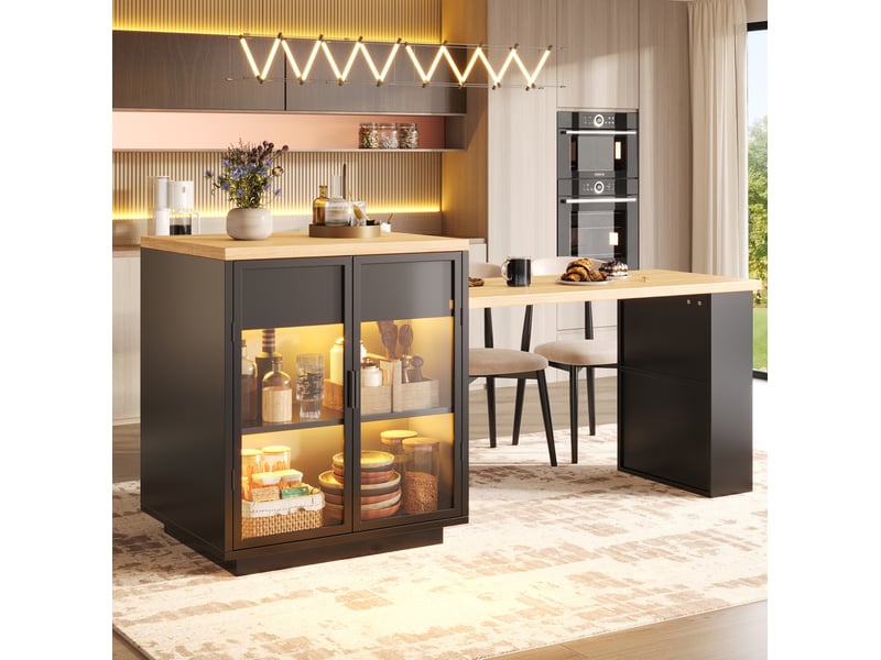  Îlot de cuisine extensible 122x70x94 cm avec rangement et led noir  - Conforama D